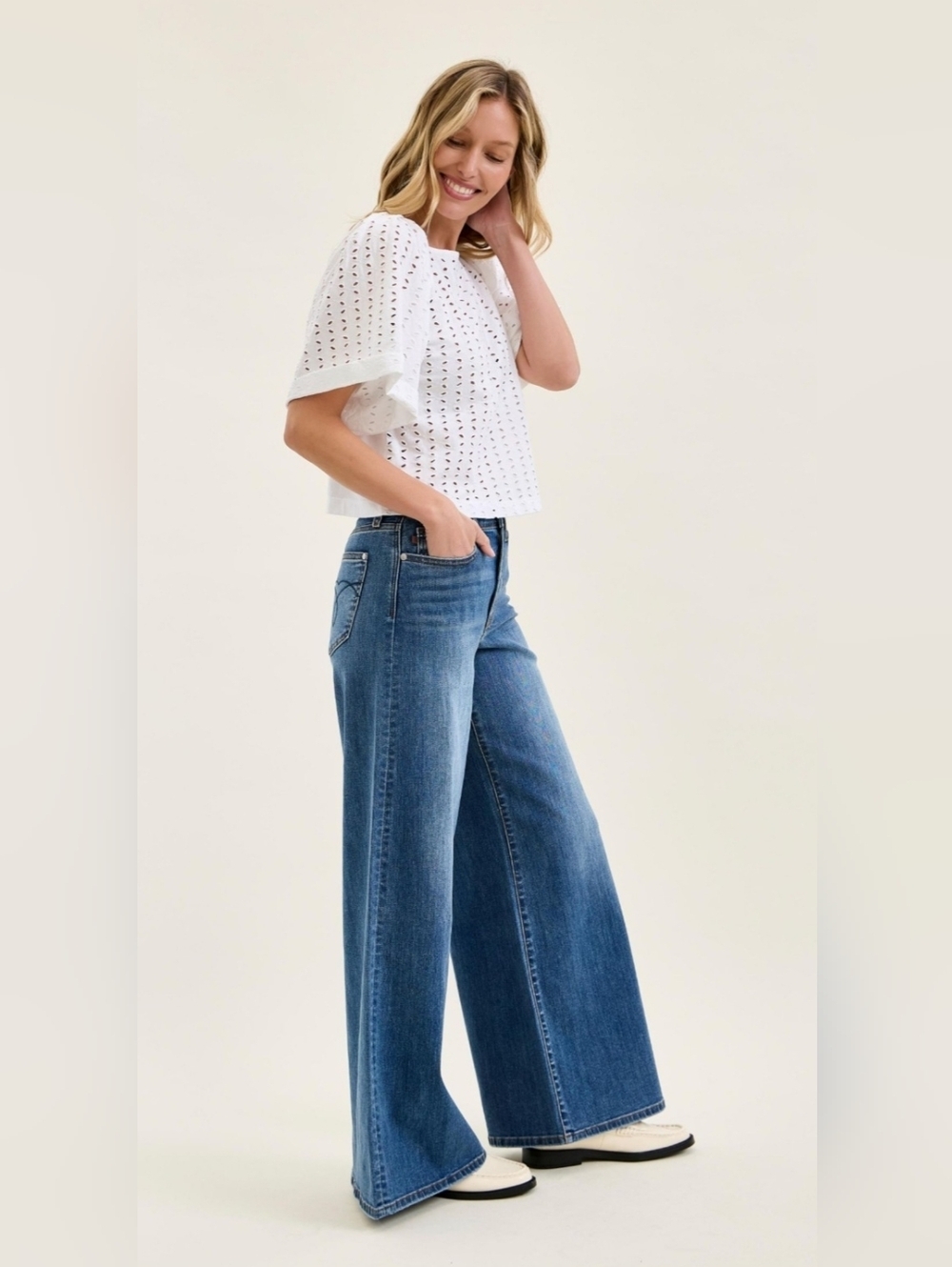 Judy Blue High Rise Medium Wash Palazzo Jeans Wide Leg Stretch Retro Various NEW - Picture 9 of 16